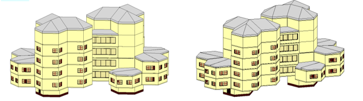Объемная модель двухсекционного здания средней этажности