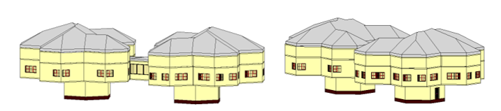 Объемная модель двухсекционного малоэтажного здания