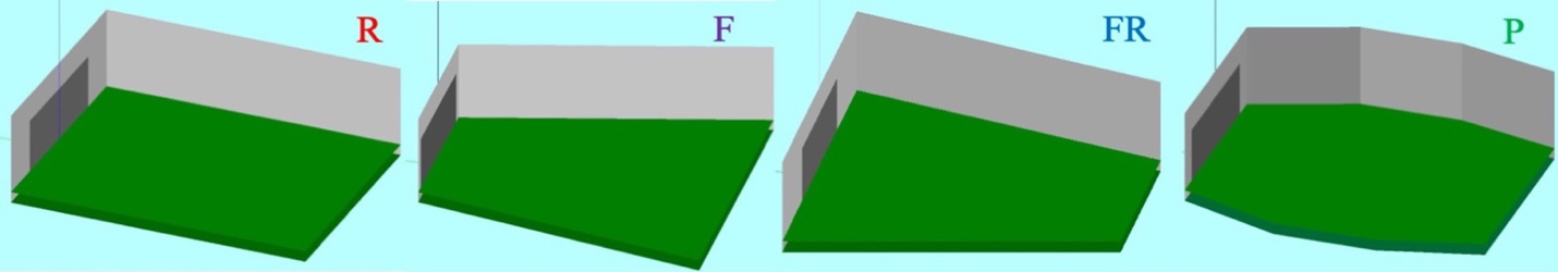 Модели зрительных залов 4-х форм: R - прямоугольник; F - веер; FR - обратный веер; P - многоугольник
