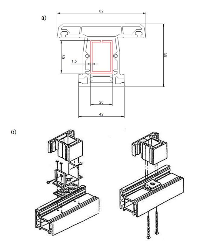   Размеры импоста в сечении (а) и  схема крепления ПВХ-импоста к раме оконного блока (б)