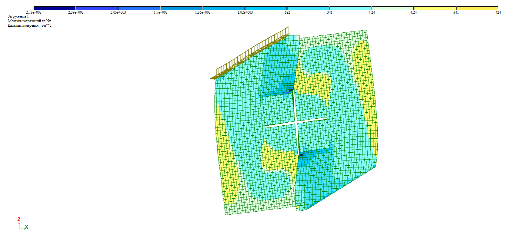 Загружение 1. Мозаика напряжений по Nz. Ось Z – вертикальная