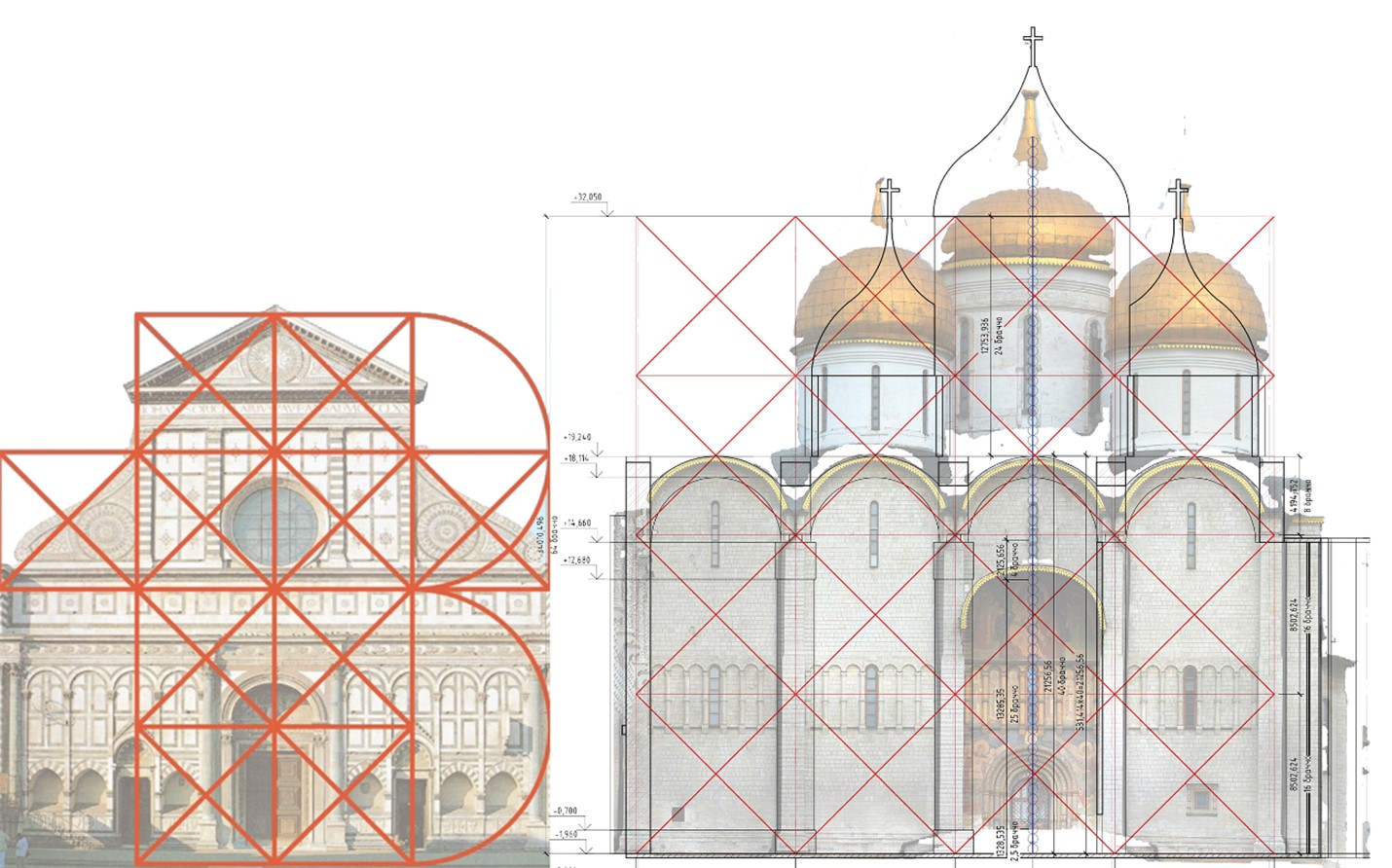 Пропорциональные схемы на фасадах церкви Санта Мария Новелла и Успенского собора Московского кремля