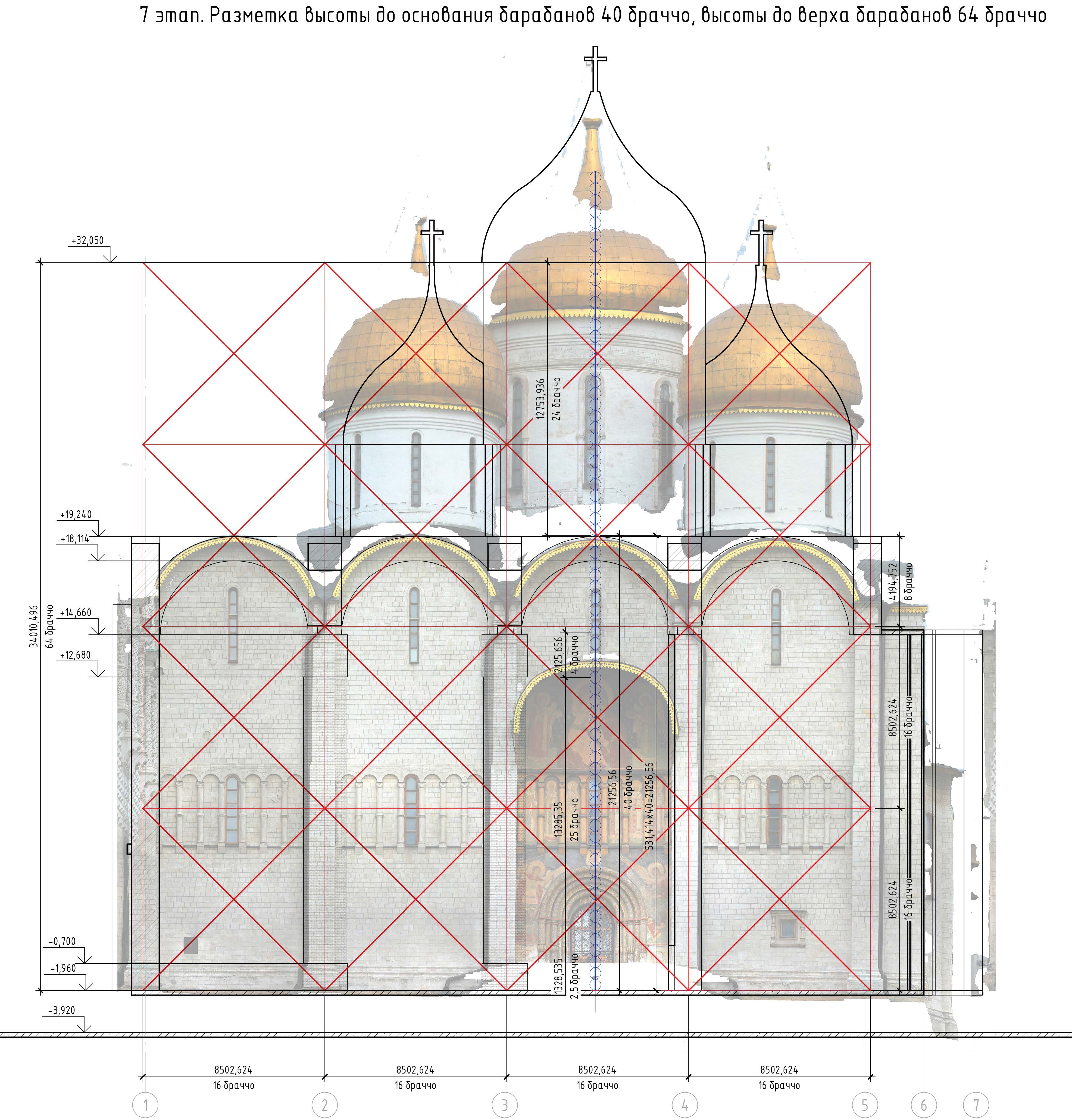 Этап 7. Разметка высоты до основания барабанов 40 браччо, высоты до верха барабанов 64 браччо