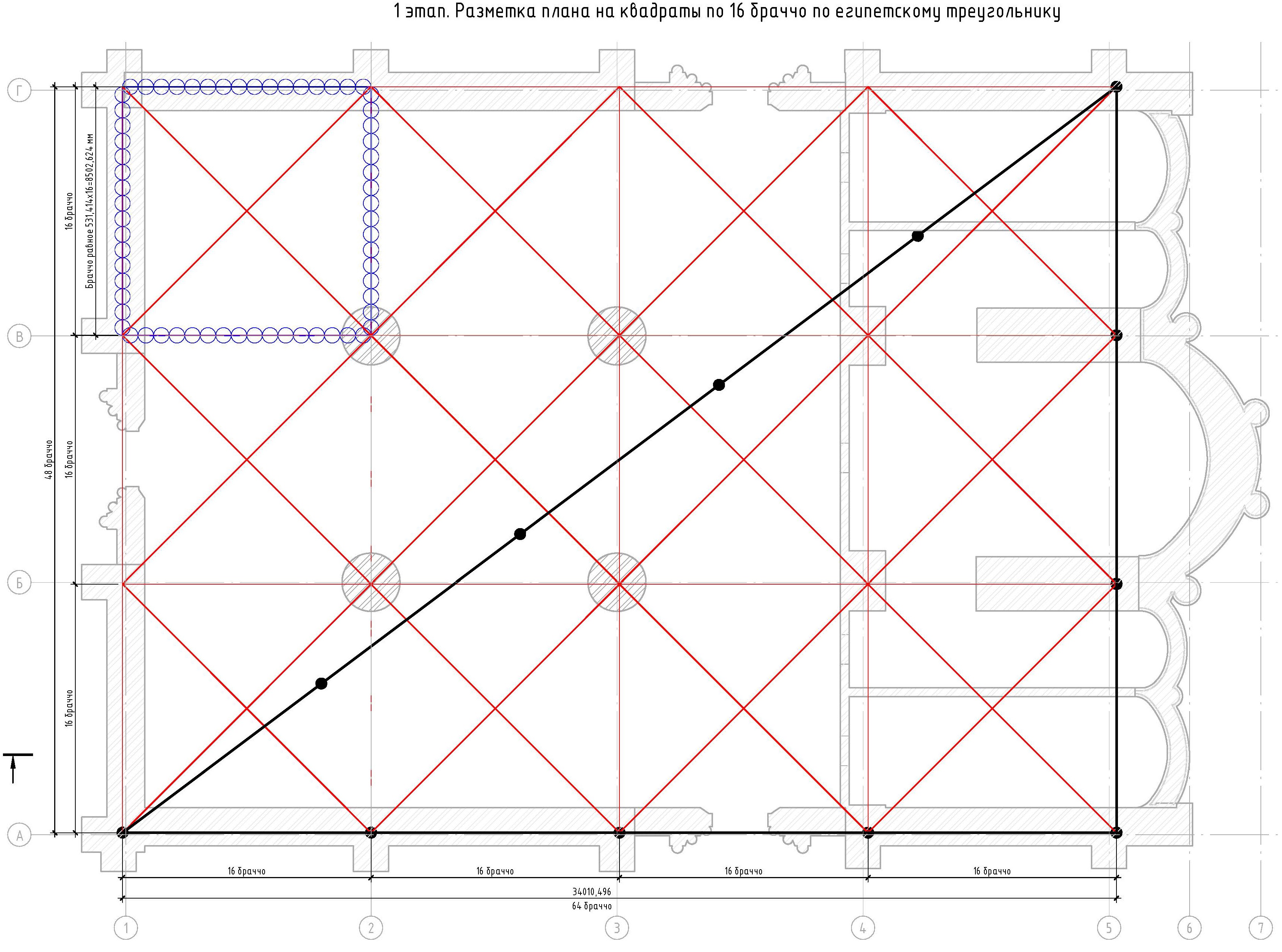 Этап 1. Разметка плана на квадраты по 16 браччо по египетскому треугольнику