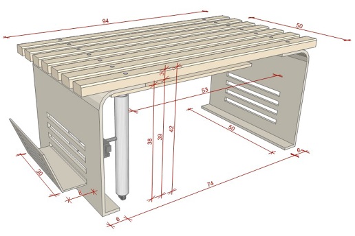 Single seating module with retractable writing surface – axonometric view