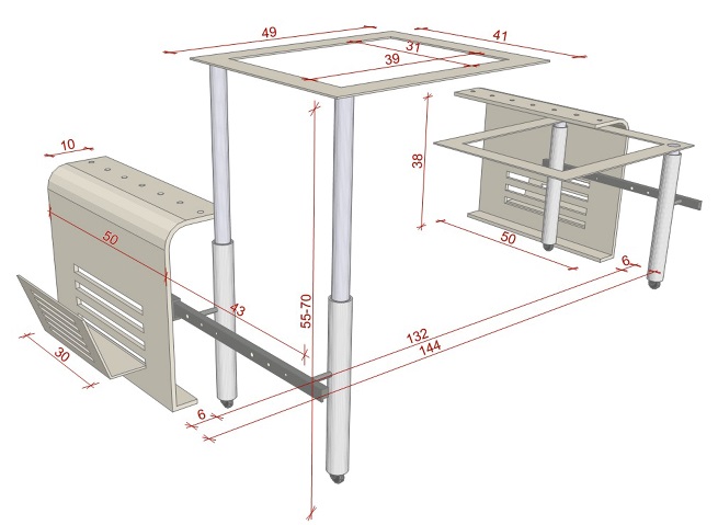 Structural metal components of the double seating module