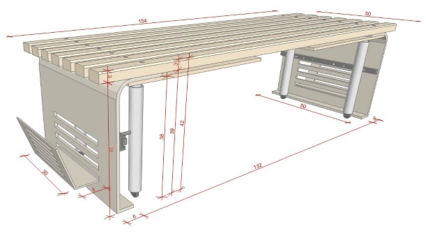 Double seating module with retractable writing surface – axonometric view
