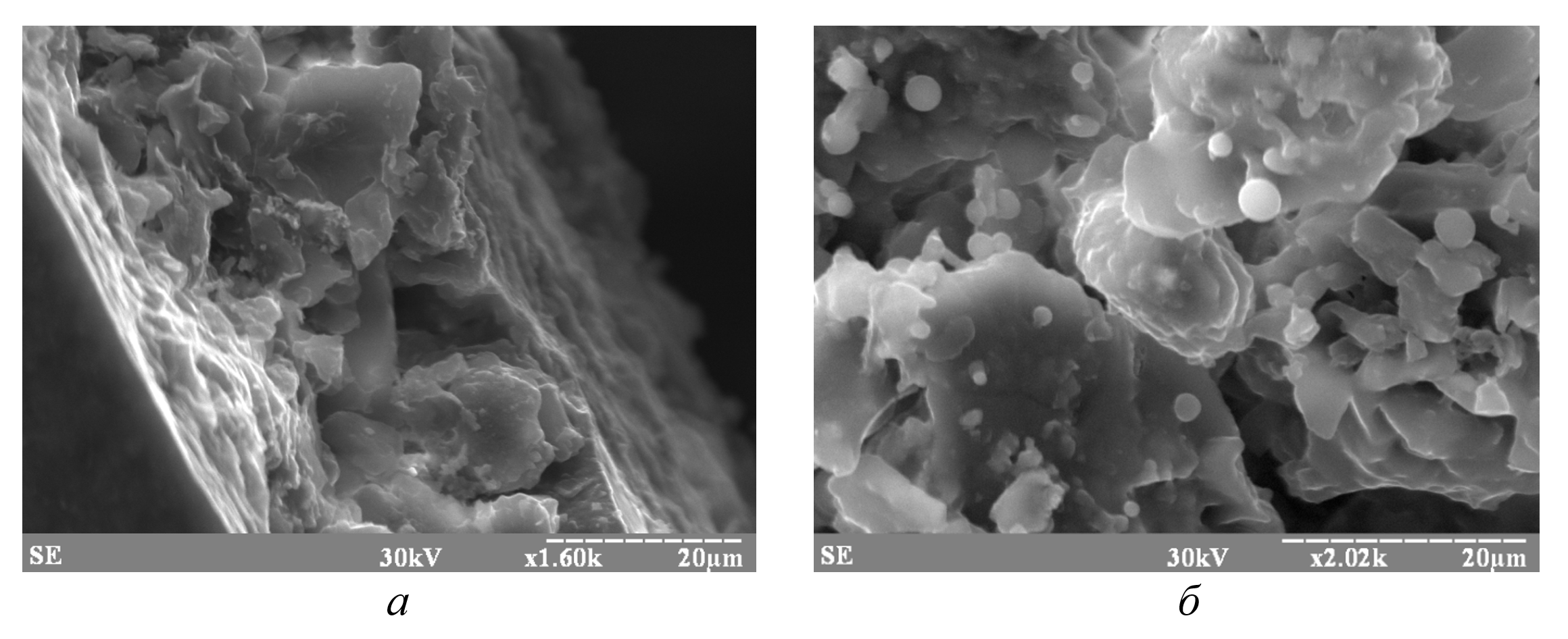 Фотографии поверхностей сколов поверхностей сколов керамических изделий в участках взаимодействия чешуек глинистых минералов на контактах базальных плоскостей и боковых сколов: а - срастание чешуек глинистых минералов по контактам базальных плоскостей; б - срастание чешуек глинистых минералов по контактам боковых сколов (небазальных плоскостей)