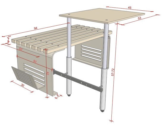 Single seating module with pull-out writing desk – axonometric view with dimensions
