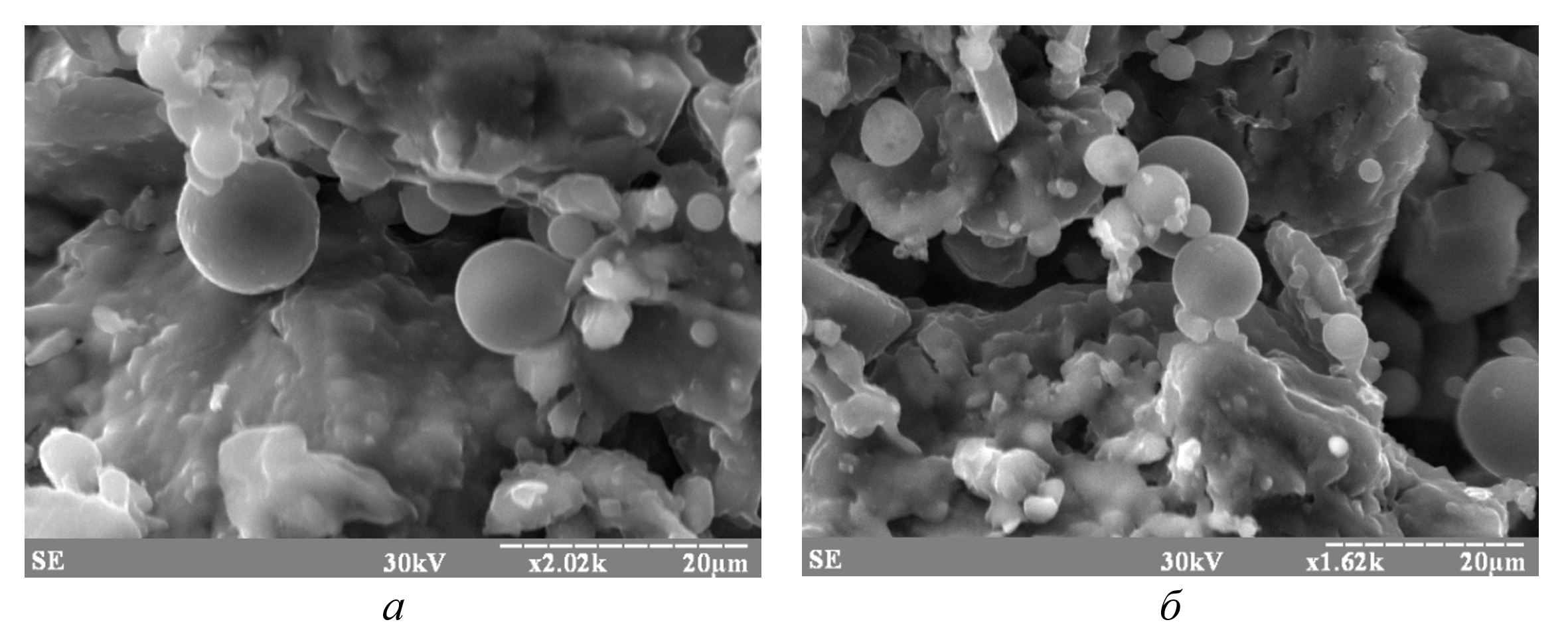 Фотографии поверхностей сколов керамических изделий в участках взаимодействия силикатных и алюмосиликатных микросфер в полостях открытых пор: а - микросферы золы-уноса, перемещенные в полости пор; б - срастание микросфер золы-уноса с образованием кристаллизационных мостиков в порах