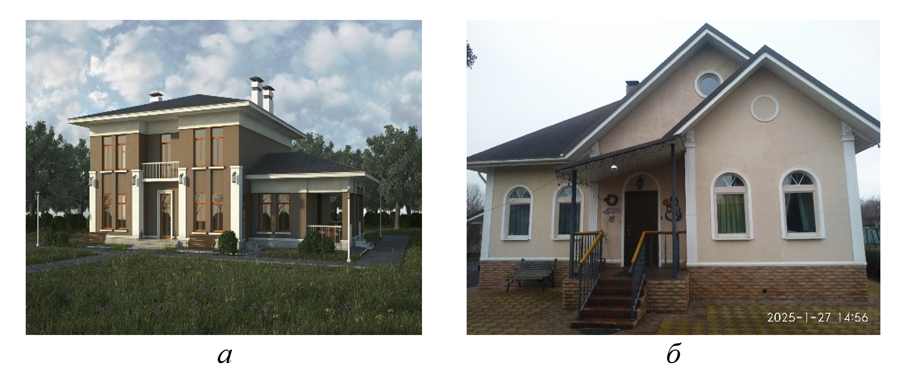 Примеры фасадов гражданских зданий в конструкциях ССЭ с гипсовыми архитектурными деталями: а - общественное здание; б - жилой дом