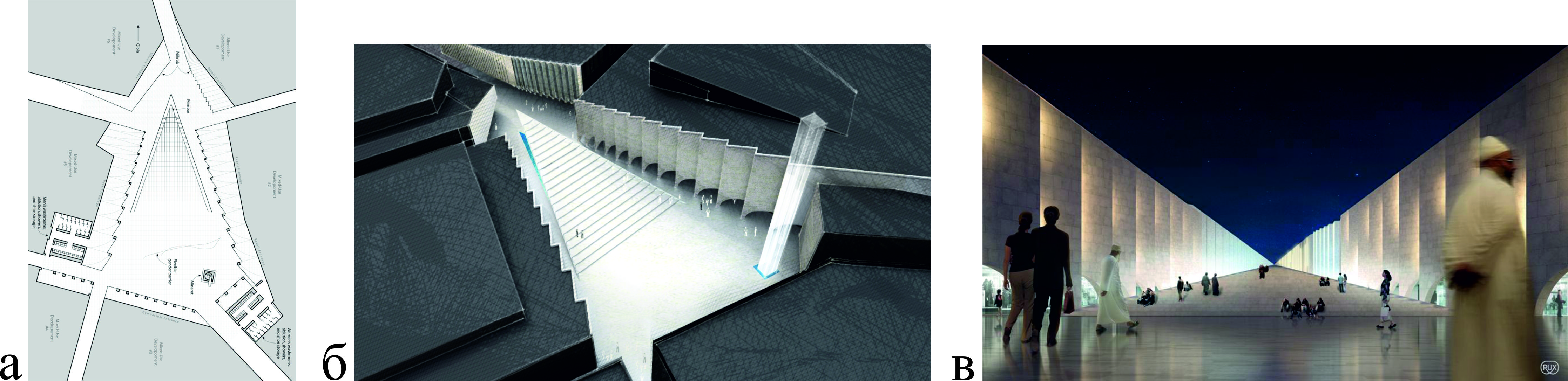  Исчезающая мечеть, Дубай, проект 2010 г.:а – план, б – вид сверху, в – вид с площади
