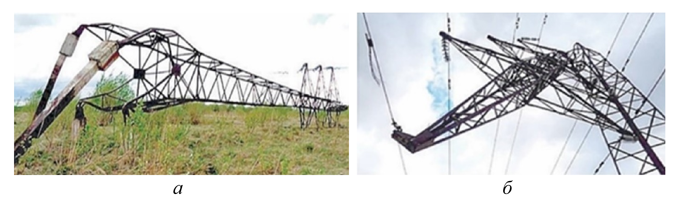 Две схемы падения двухцепных промежуточных опор в групповой аварии на ВЛ 110 кВ в Кемеровской обл. от ветра: а – потеря несущей способности фундаментов опоры; б – потеря устойчивости сжатых поясов под нижней траверсой