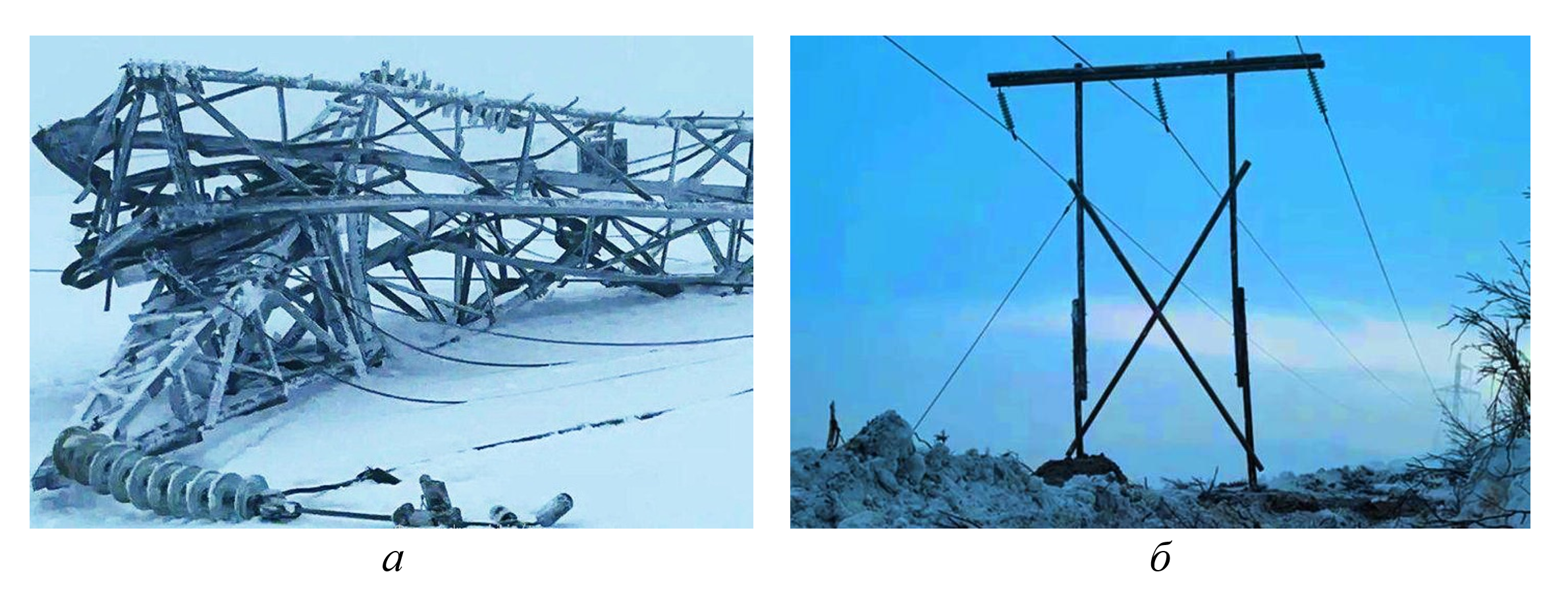 Авария с падением стальных опор на оттяжках на 4-х ВЛ 154 кВ в 7 км от Мурманска в сторону Североморска в период 23.01-04.02.2026: а – разрушенная упавшая промежуточная опора на оттяжках; б – временная деревянная опора с ожиданием установки проектной стационарной стальной опоры на оттяжках